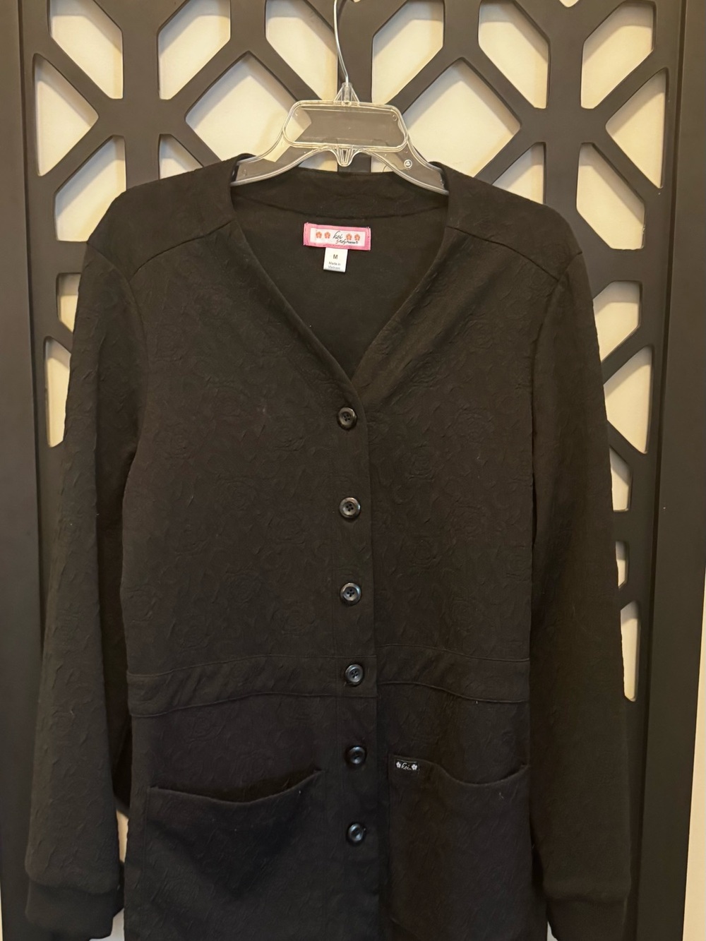 koi Black V-Neck Button Front lab coat